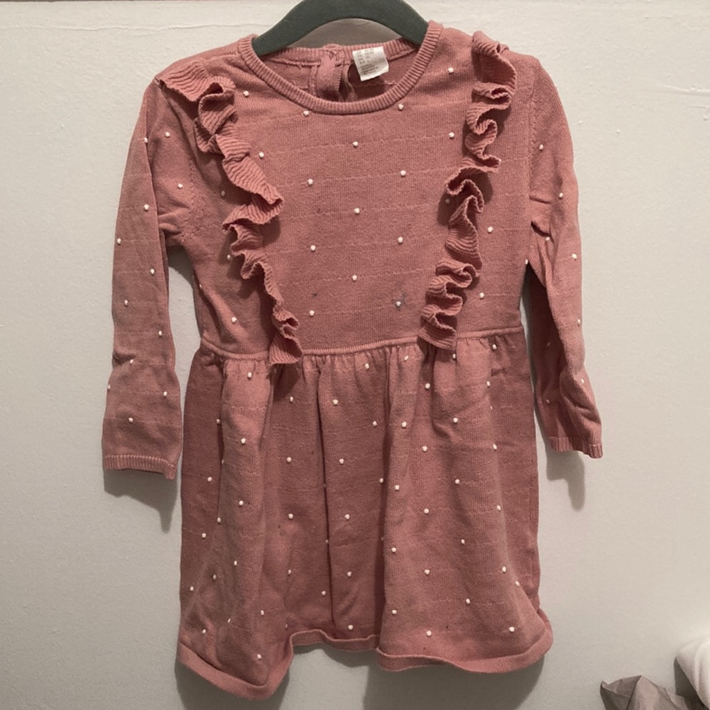 H&M 1.5-2T girls dress. Pink with white dots and ruffle detail. Some stains